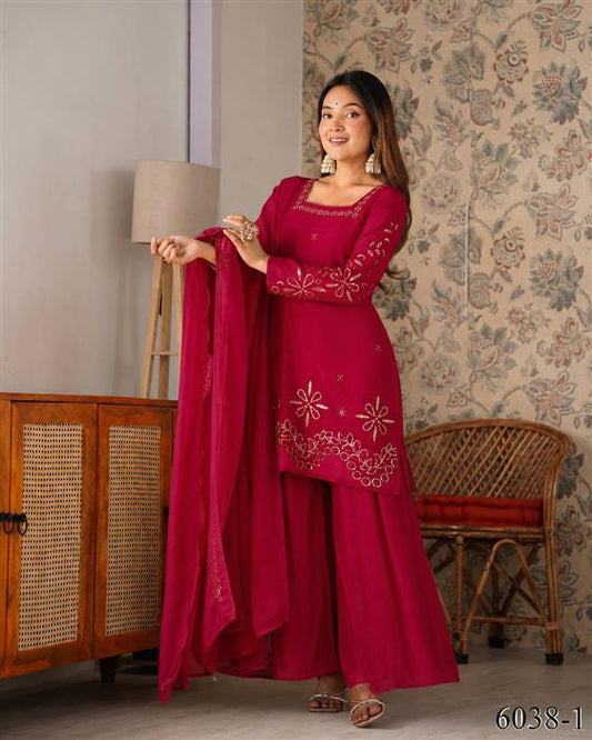 Beautiful Soft Rich Fendy Silk With Thread & Sequence Embroidery Work Plazzo Suit Set