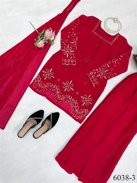 Beautiful Soft Rich Fendy Silk With Thread & Sequence Embroidery Work Plazzo Suit Set