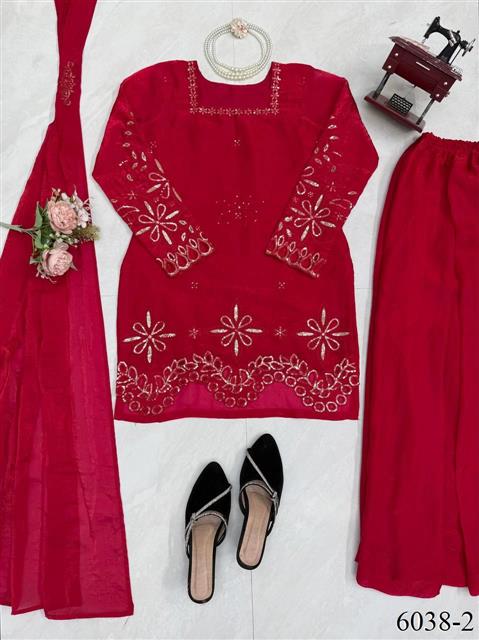 Beautiful Soft Rich Fendy Silk With Thread & Sequence Embroidery Work Plazzo Suit Set