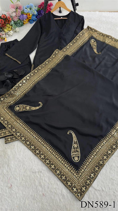 Beautiful Soft Rich Natural Crepe Silk With Heavy Sequence Embroidery Zari & Moti Work Suit Set