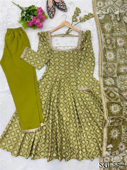 Beautiful Soft Rich Printed Maslin With Mirror Lace Work Gown Set