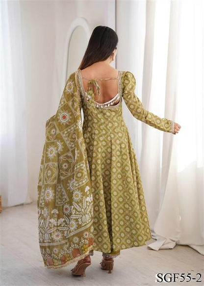Beautiful Soft Rich Printed Maslin With Mirror Lace Work Gown Set
