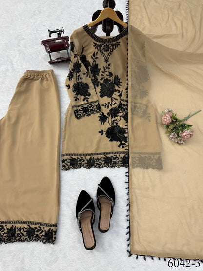 Faux Georgette Top Palazzo Set with Thread, Sequin & Cutwork Border