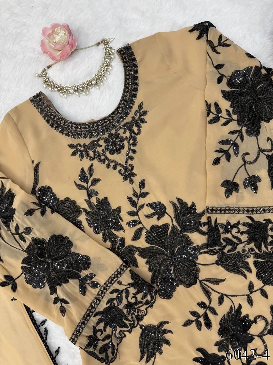 Faux Georgette Top Palazzo Set with Thread, Sequin & Cutwork Border