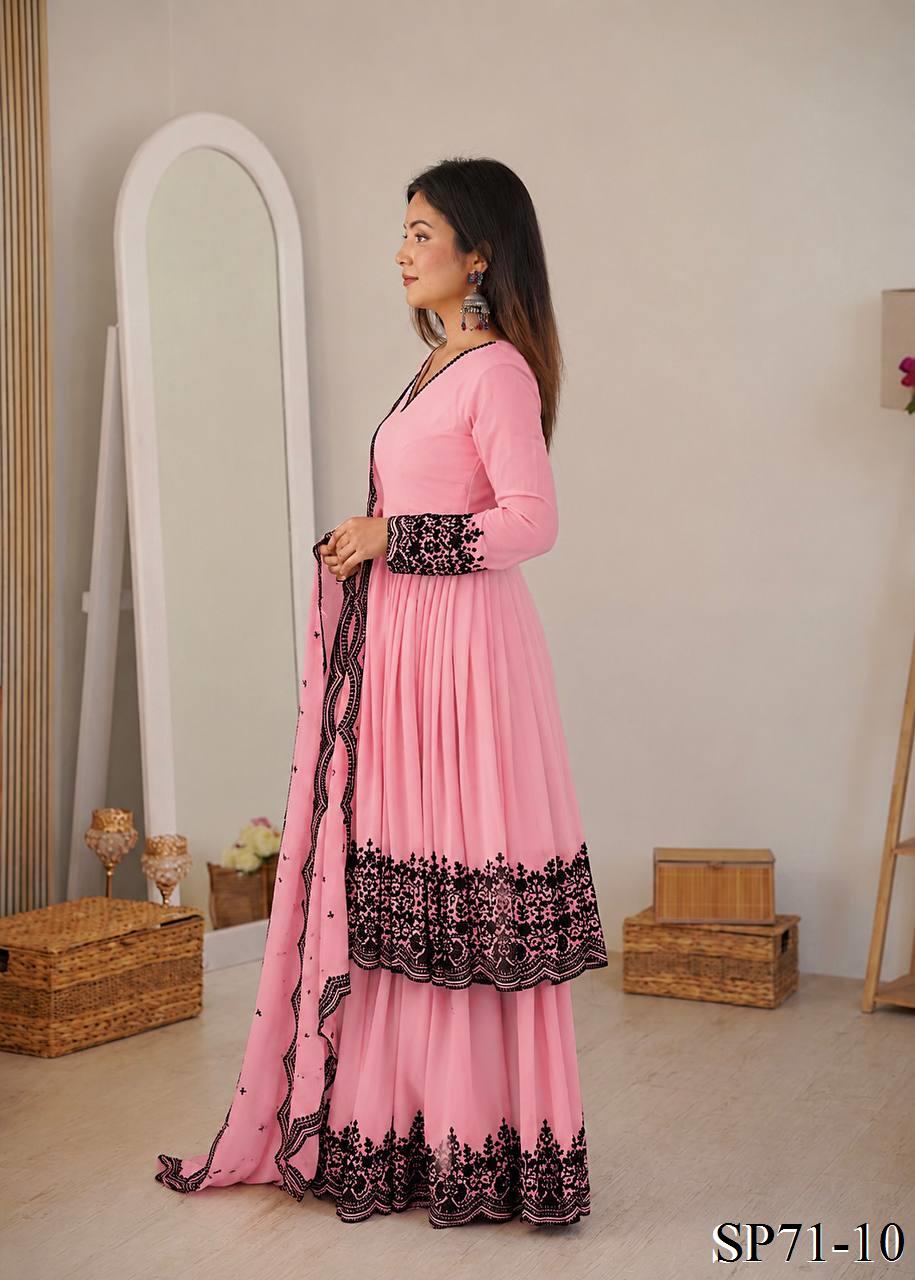 Beautiful Soft Rich Premium Faux Georgette With Thread Embroidery Work Plazzo Suit Set