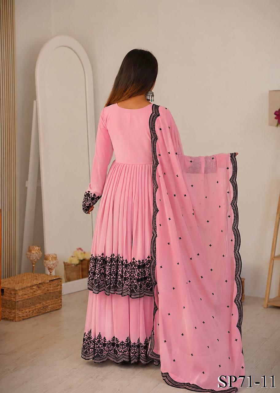 Beautiful Soft Rich Premium Faux Georgette With Thread Embroidery Work Plazzo Suit Set