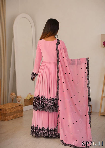 Beautiful Soft Rich Premium Faux Georgette With Thread Embroidery Work Plazzo Suit Set