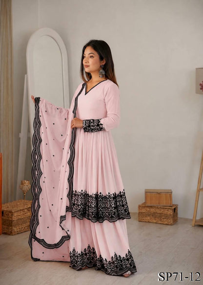 Beautiful Soft Rich Premium Faux Georgette With Thread Embroidery Work Plazzo Suit Set