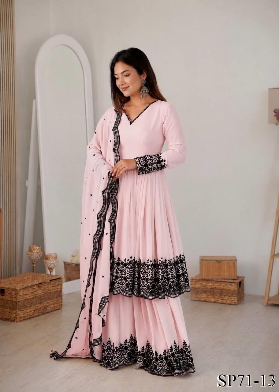 Beautiful Soft Rich Premium Faux Georgette With Thread Embroidery Work Plazzo Suit Set