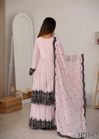 Beautiful Soft Rich Premium Faux Georgette With Thread Embroidery Work Plazzo Suit Set