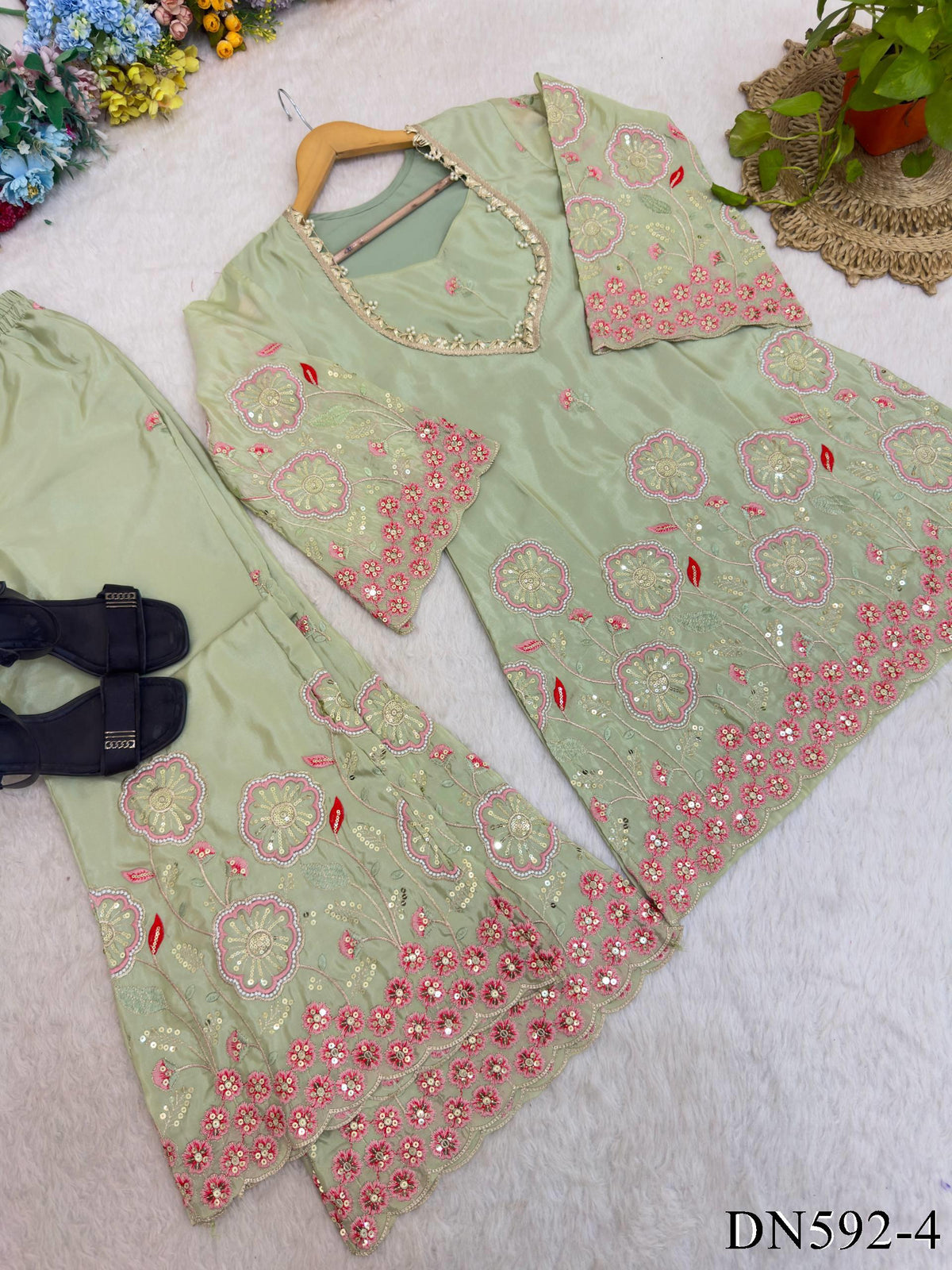 Pure Viscose Silk Top Pant Set with Floral Embroidery & Sequin Work