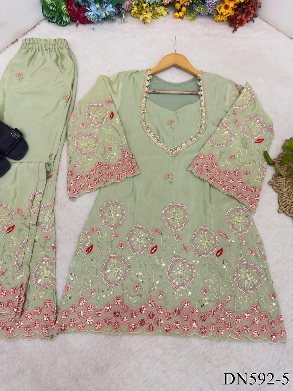 Pure Viscose Silk Top Pant Set with Floral Embroidery & Sequin Work