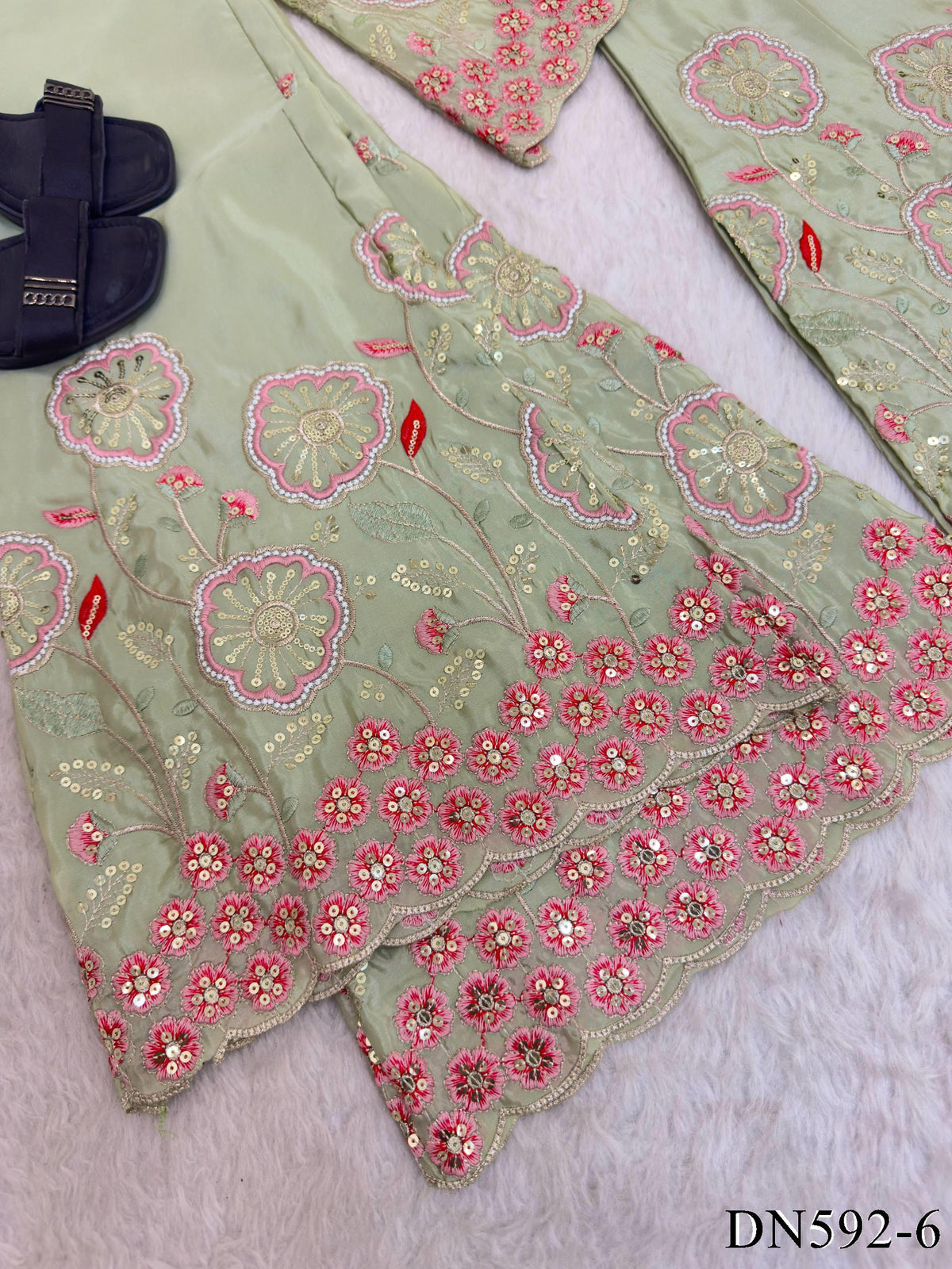 Pure Viscose Silk Top Pant Set with Floral Embroidery & Sequin Work