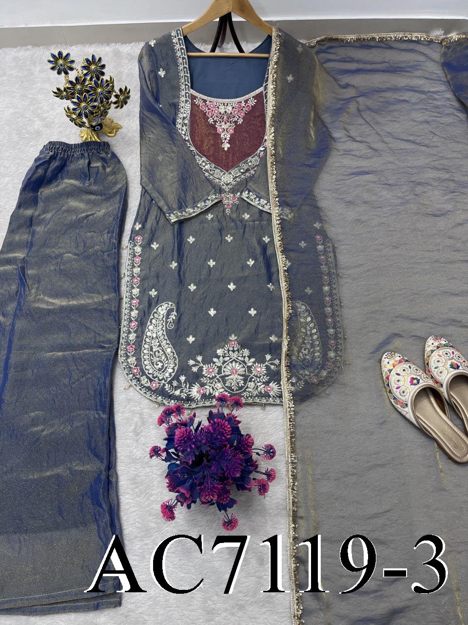 Beautifull NC Moss Fabric With Embroidery Work Top Plazzo