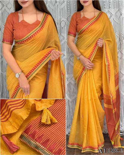 Linen Cotton Motif Zari Thread Weaving Jacquard Saree