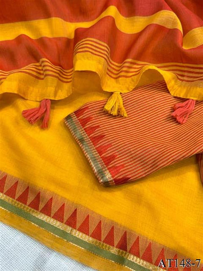 Linen Cotton Motif Zari Thread Weaving Jacquard Saree