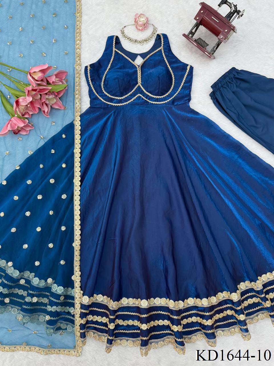 Blue Color Fendy Silk With Micro Cotton Gown