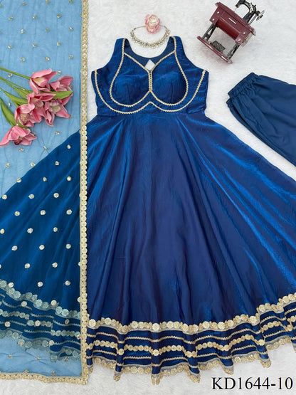 Blue Color Fendy Silk With Micro Cotton Gown