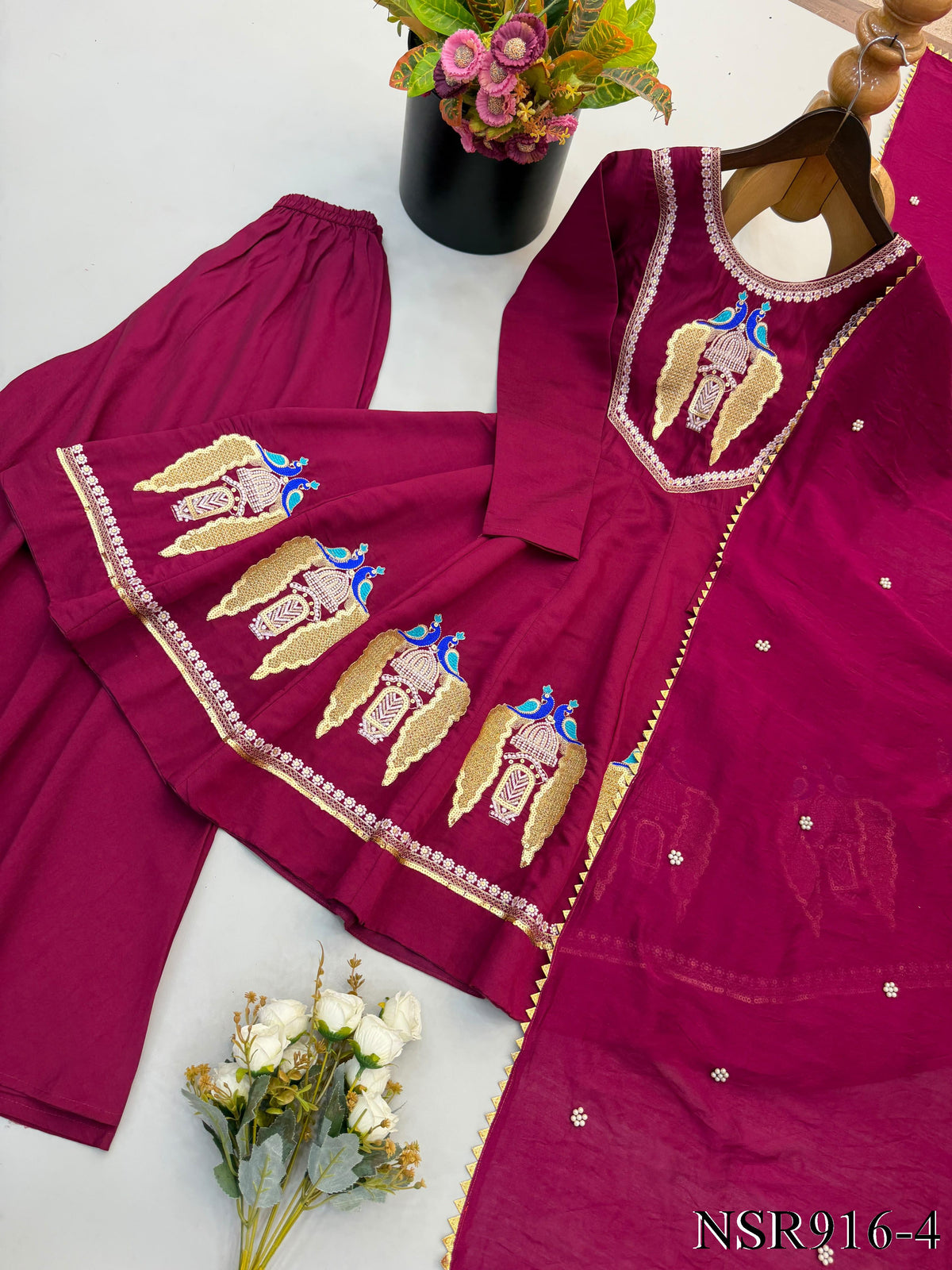 Beautifull Maroon Color Roman Silk  With Embroidery Work Top Pent