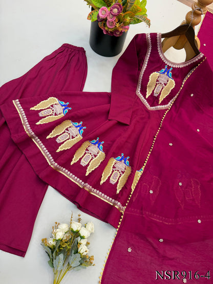 Beautifull Maroon Color Roman Silk  With Embroidery Work Top Pent