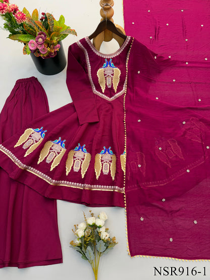 Beautifull Maroon Color Roman Silk  With Embroidery Work Top Pent