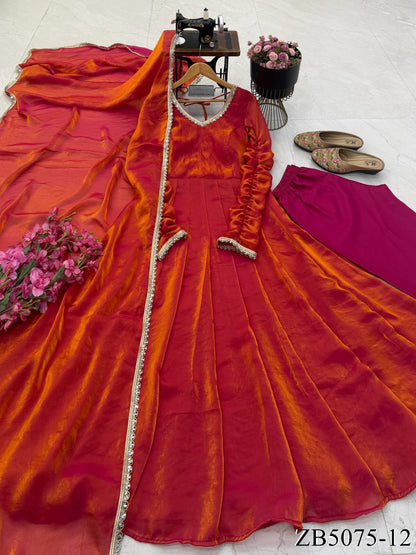 Beautifull Two Tone Color Fendy Silk Mirror Work Gown