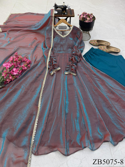 Beautifull Two Tone Color Fendy Silk Mirror Work Gown