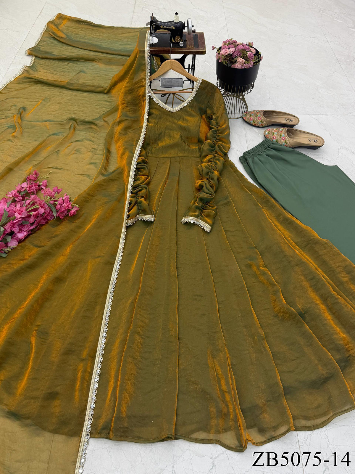Beautifull Two Tone Color Fendy Silk Mirror Work Gown