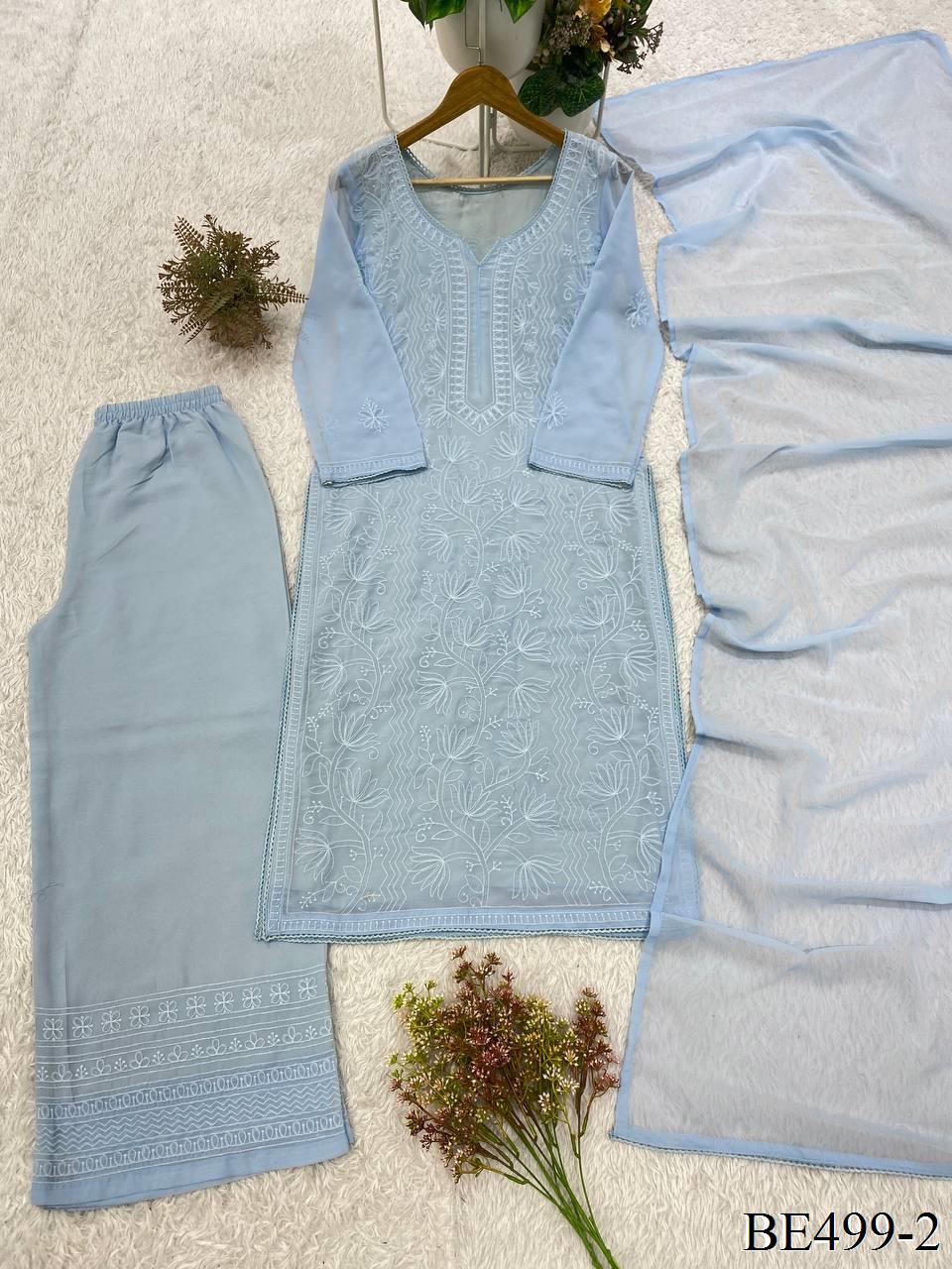 Sky Color Georgette Embroidery Work Top Plazzo