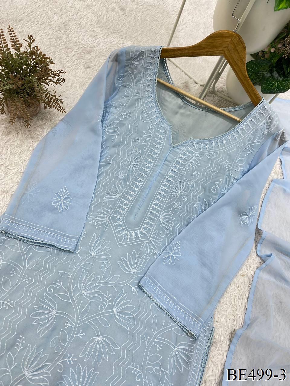 Sky Color Georgette Embroidery Work Top Plazzo