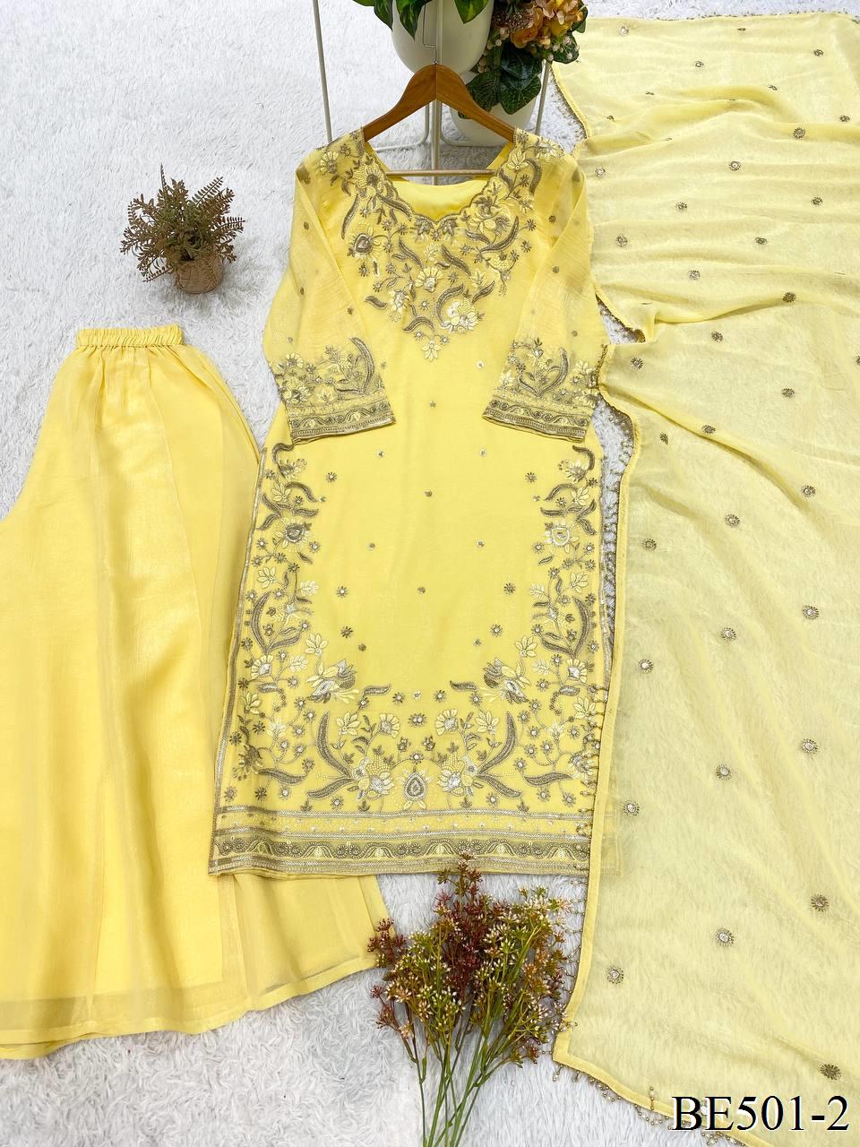 Yellow Color Crunchy Sequience Work Top Pent