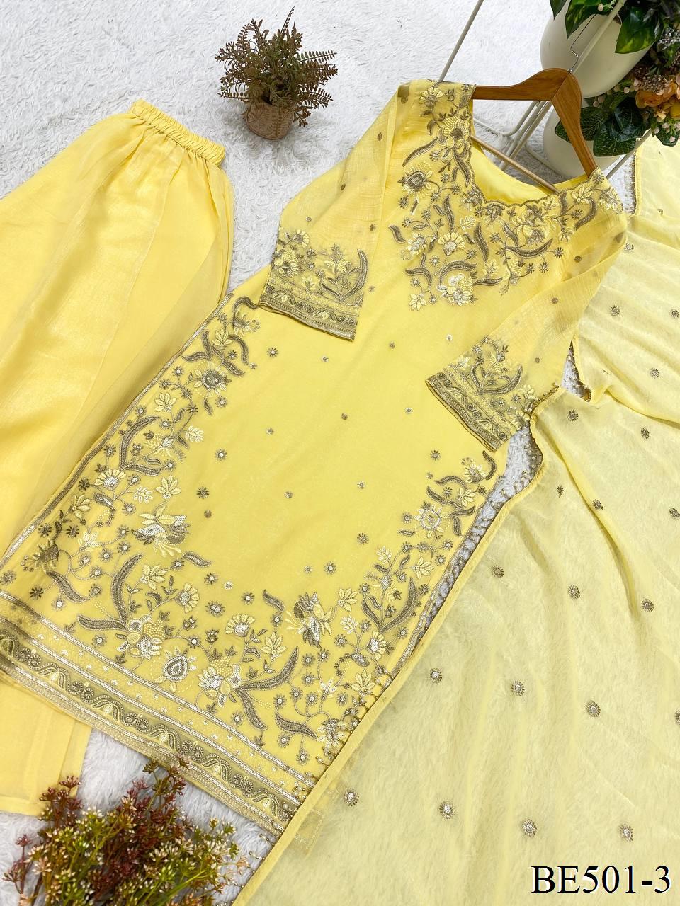 Yellow Color Crunchy Sequience Work Top Pent