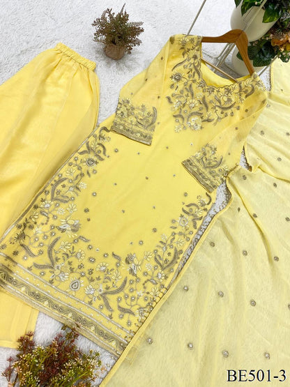 Yellow Color Crunchy Sequience Work Top Pent