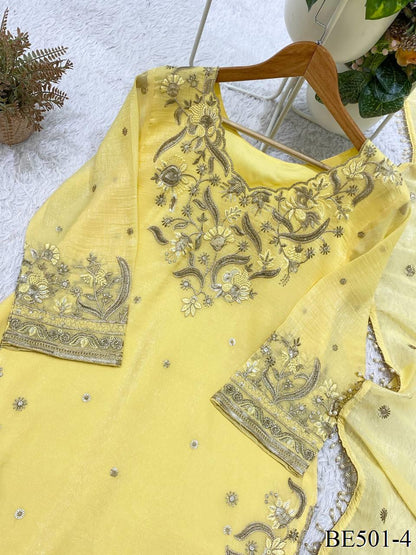 Yellow Color Crunchy Sequience Work Top Pent