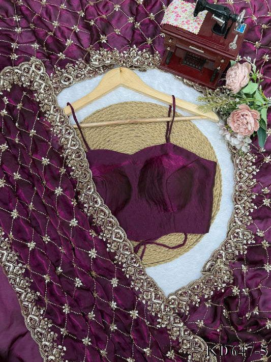 Wine Color Fendy Silk With Beads With Sequns Work Saree