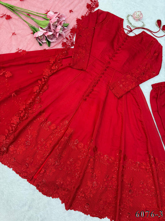 Red Color Vichitra Silk With Sequience Work Anarkali
