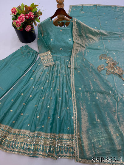 Sky Color Fendy Silk With Embroidery Work Gown