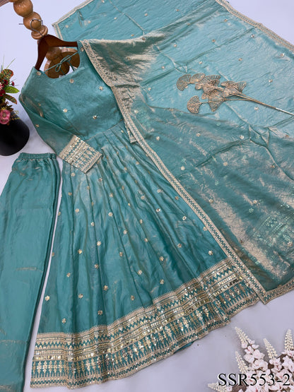 Sky Color Fendy Silk With Embroidery Work Gown
