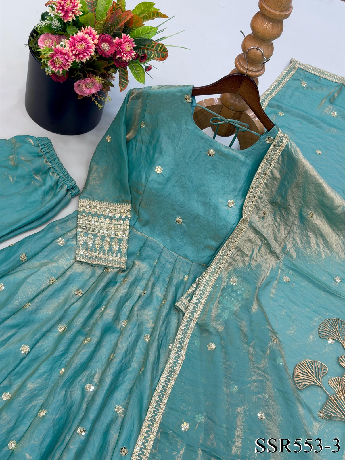 Sky Color Fendy Silk With Embroidery Work Gown