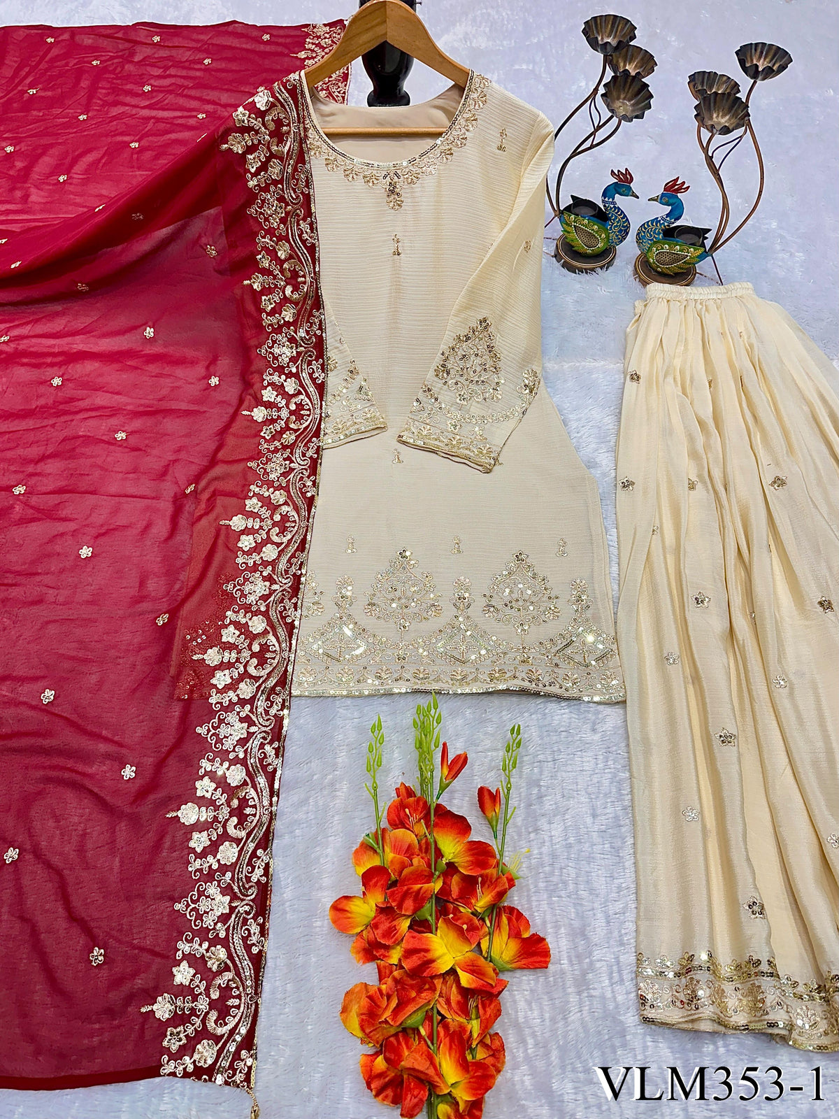 Beige Color Chinon Silk With Embroidery Work Top Bottom