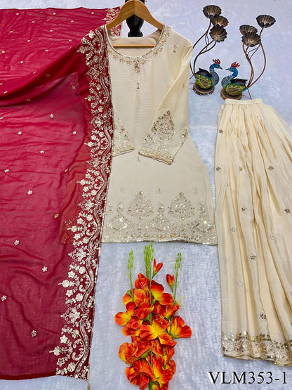 Beige Color Chinon Silk With Embroidery Work Top Bottom