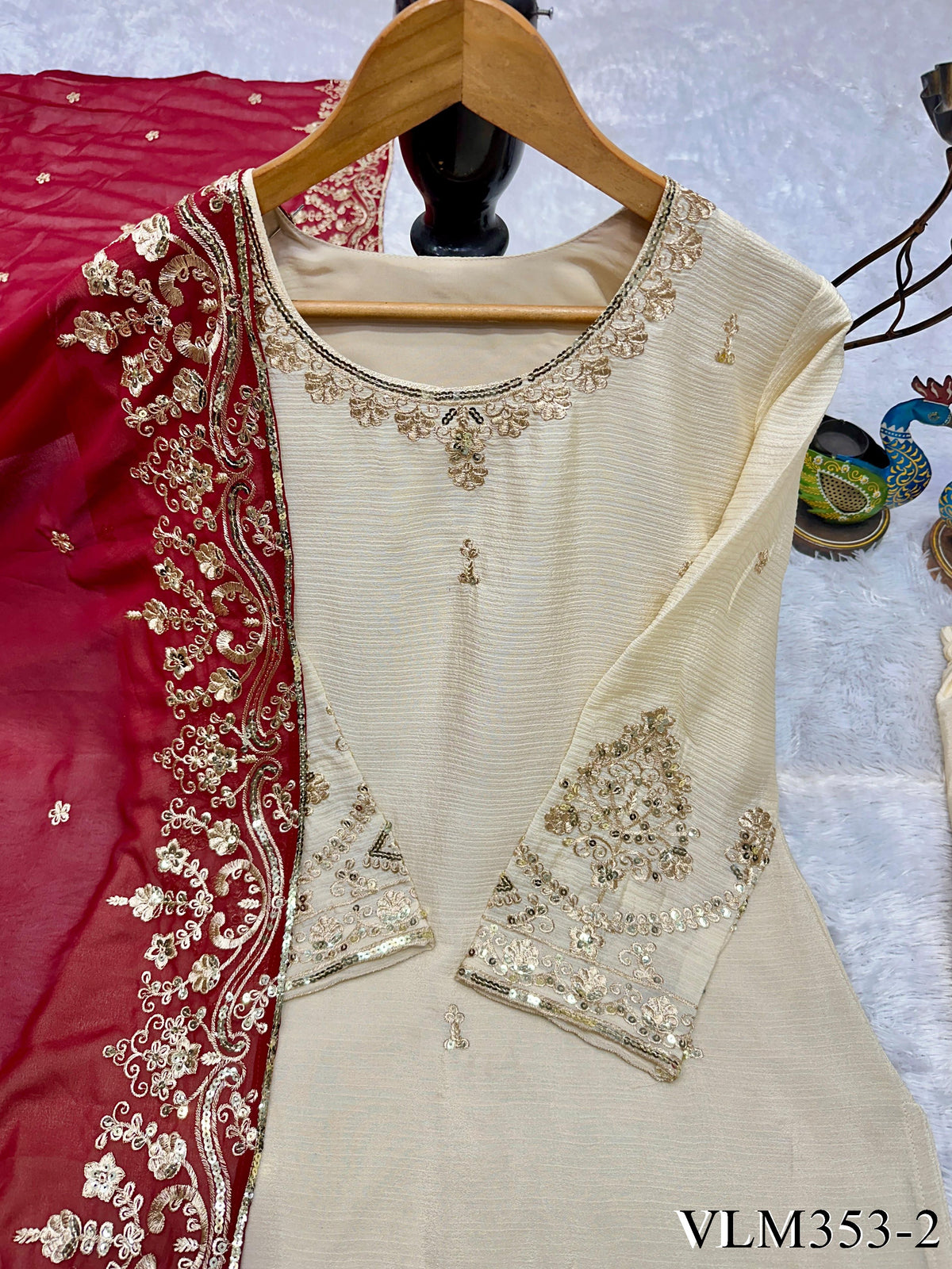 Beige Color Chinon Silk With Embroidery Work Top Bottom