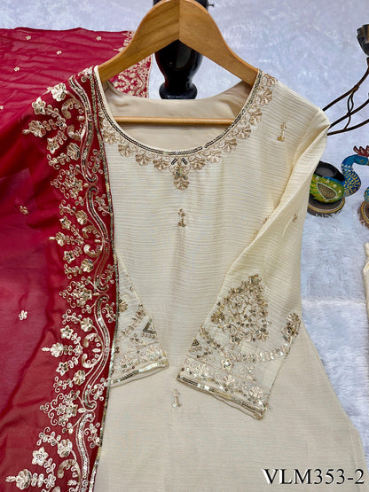 Beige Color Chinon Silk With Embroidery Work Top Bottom