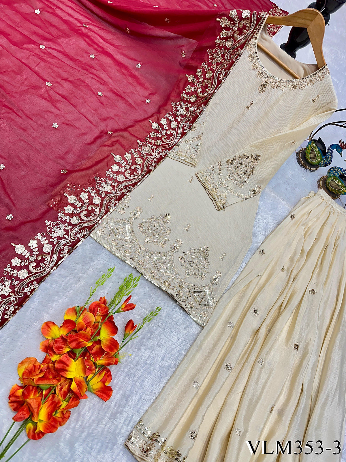 Beige Color Chinon Silk With Embroidery Work Top Bottom