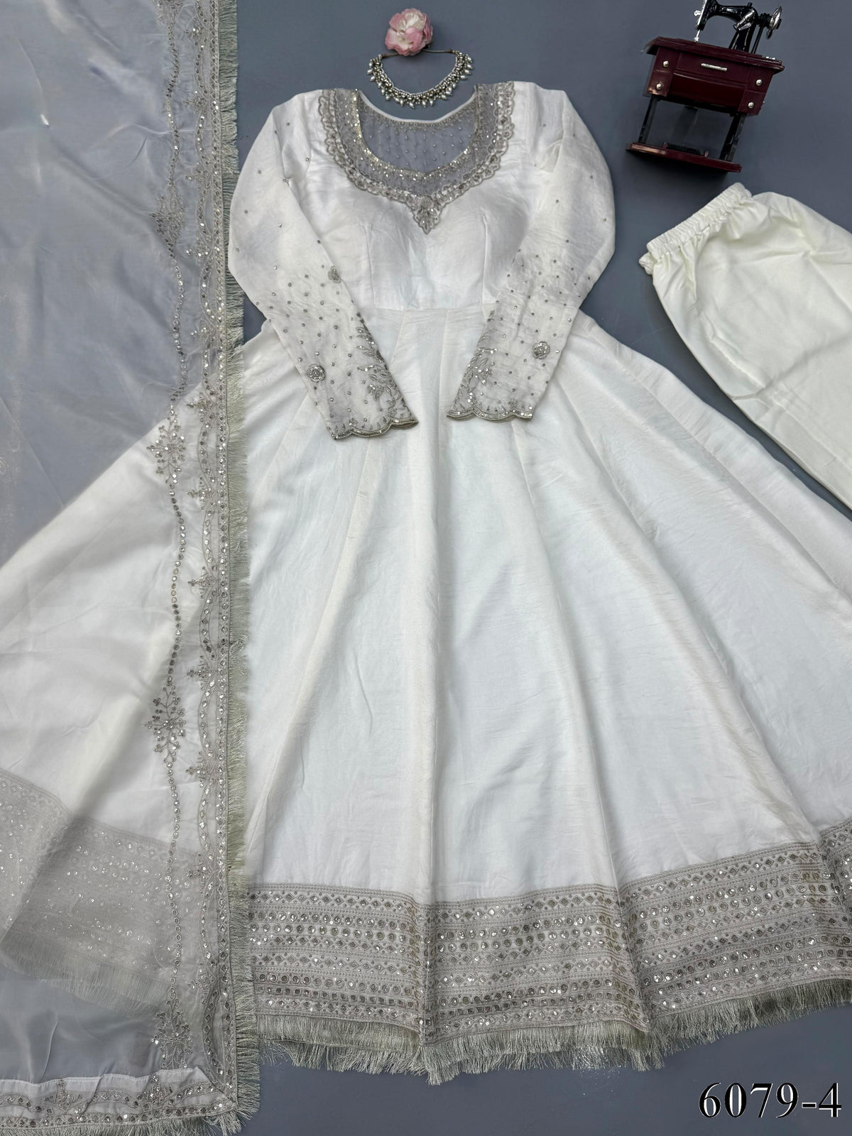 White Color Premium Look Vichitra Sequns Work Anarkali