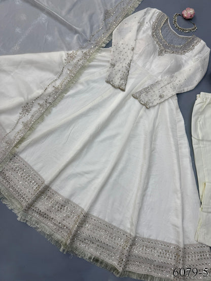 White Color Premium Look Vichitra Sequns Work Anarkali