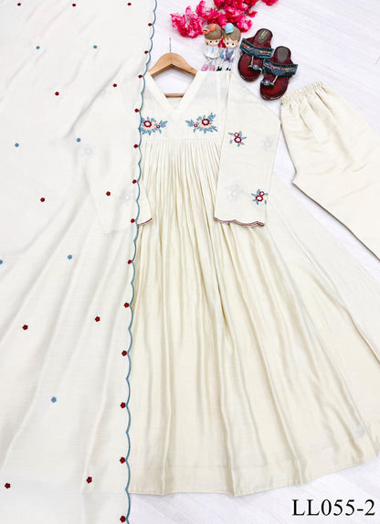 White Color Beautifull Mul Roman Fabric Embroidery Work Kurti