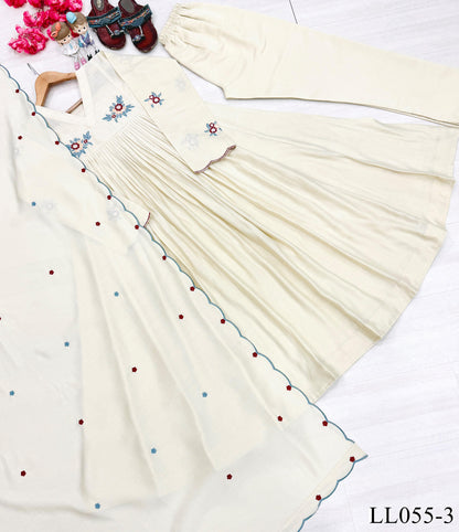 White Color Beautifull Mul Roman Fabric Embroidery Work Kurti