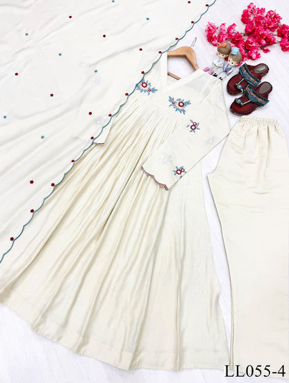White Color Beautifull Mul Roman Fabric Embroidery Work Kurti