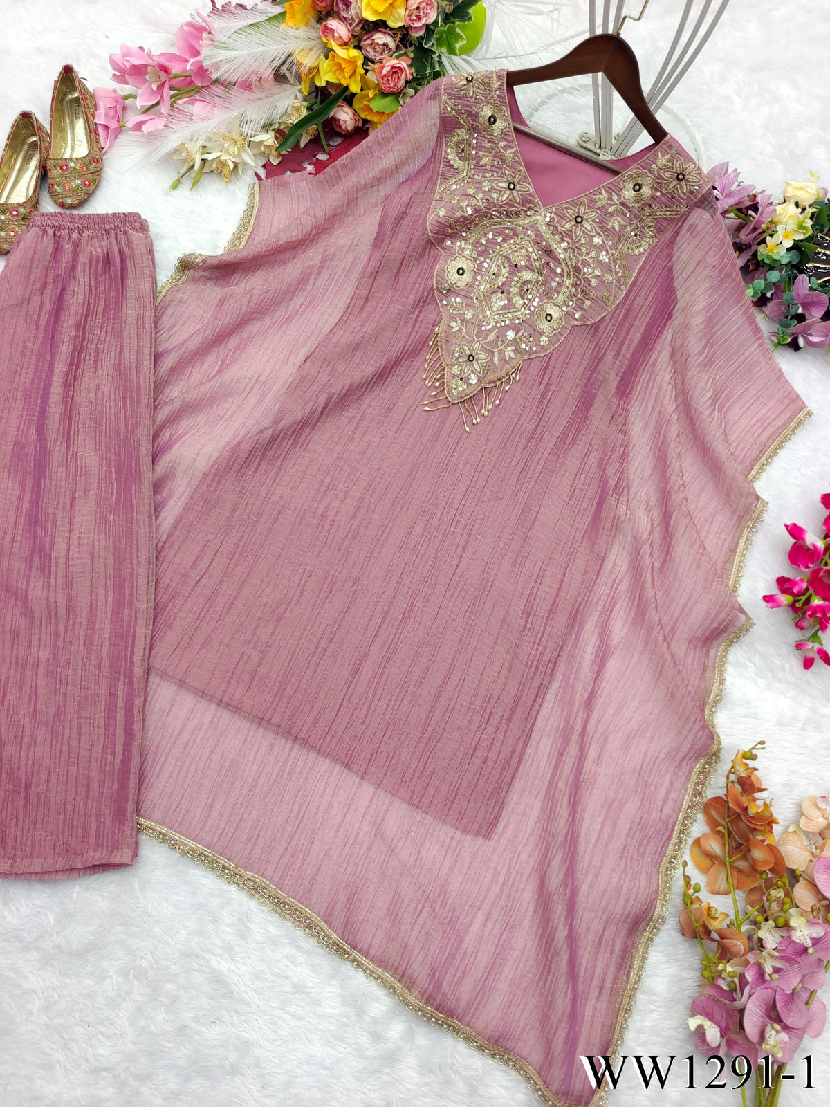 Pink Color Salsa Crunch Silk With Sequience Work Top Plazzo